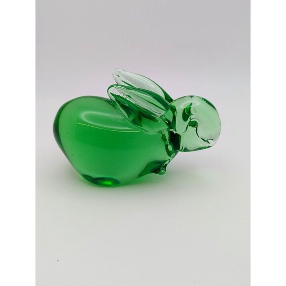 Emerald Green Art Glass Bunny Paperweight Figurine Bubbles Polish Bottom 4” - Picture 1 of 8